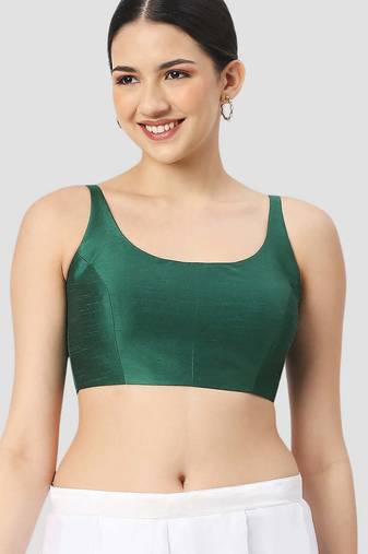 Dark green plain silk spaghetti padded readymade saree blouse