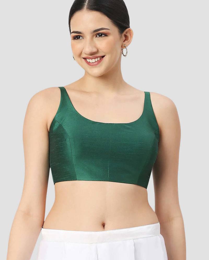 Dark green plain silk spaghetti padded readymade saree blouse
