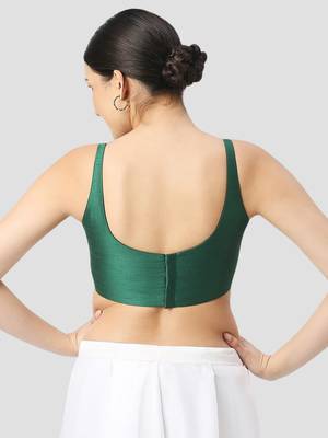 Dark green plain silk spaghetti padded readymade saree blouse 2