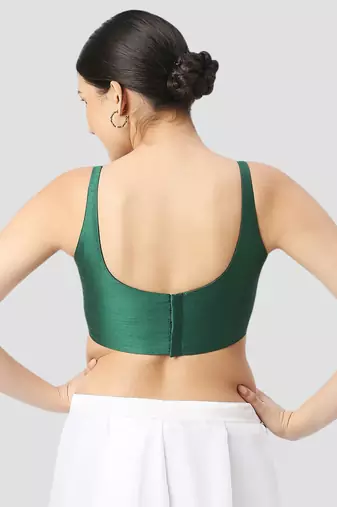Dark green plain silk spaghetti padded readymade saree blouse