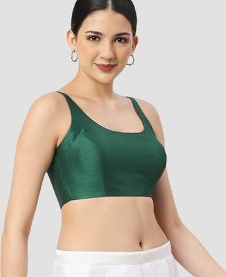 Dark green plain silk spaghetti padded readymade saree blouse 3
