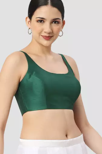 Dark green plain silk spaghetti padded readymade saree blouse