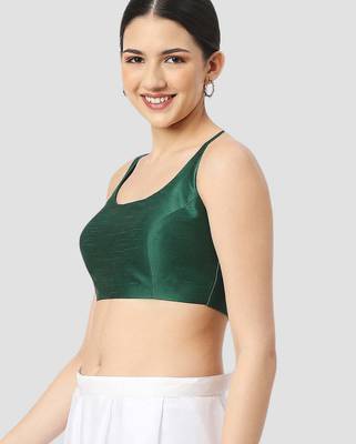 Dark green plain silk spaghetti padded readymade saree blouse 4