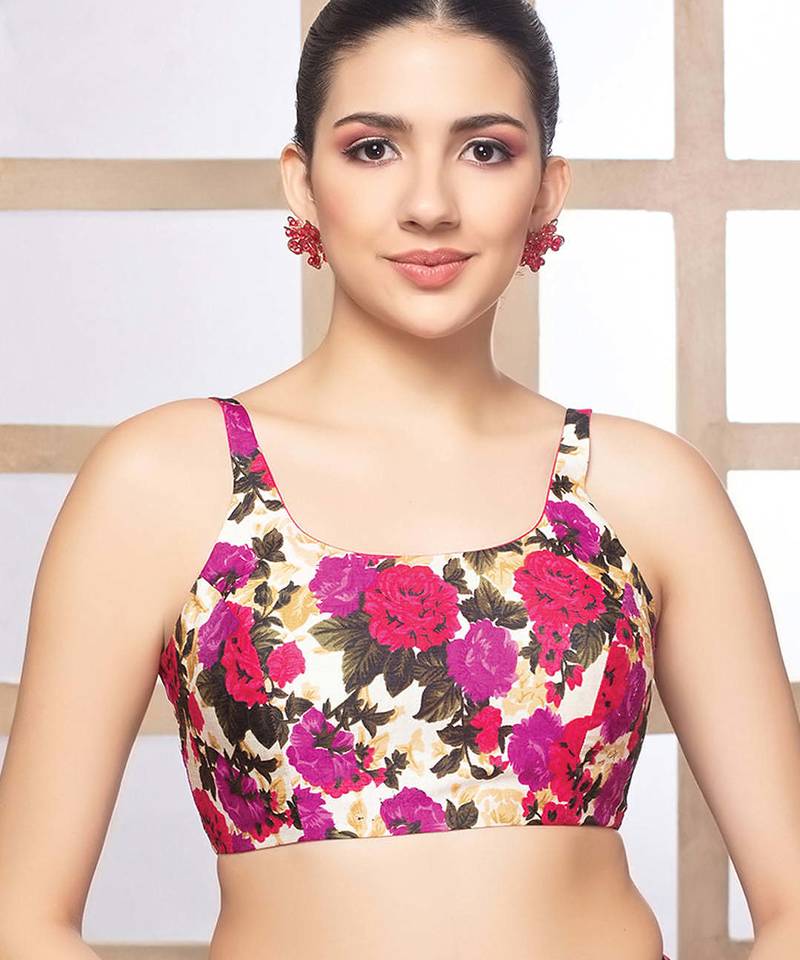 Floral print silk u neck sleeveless readymade blouse
