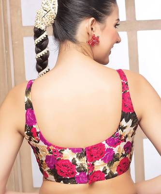 Floral print silk u neck sleeveless readymade blouse 2
