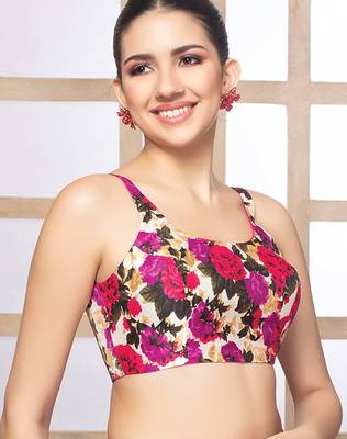 Floral print silk u neck sleeveless readymade blouse 3