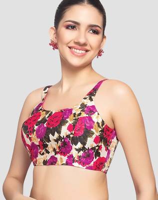 Floral print silk u neck sleeveless readymade blouse 4