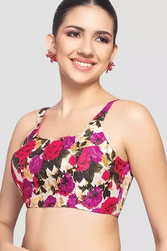 Floral print silk u neck sleeveless readymade blouse