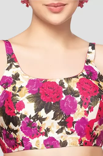Floral print silk u neck sleeveless readymade blouse