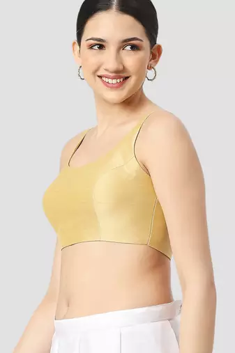 Gold plain silk spaghetti padded readymade saree blouse