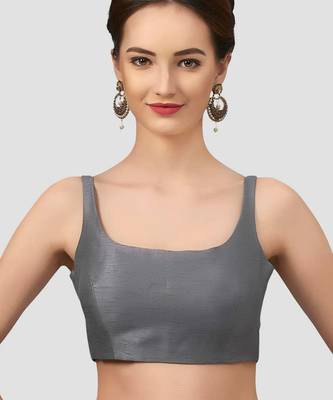 Grey plain silk spaghetti padded readymade saree blouse 1
