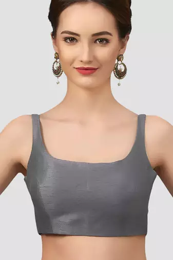Grey plain silk spaghetti padded readymade saree blouse