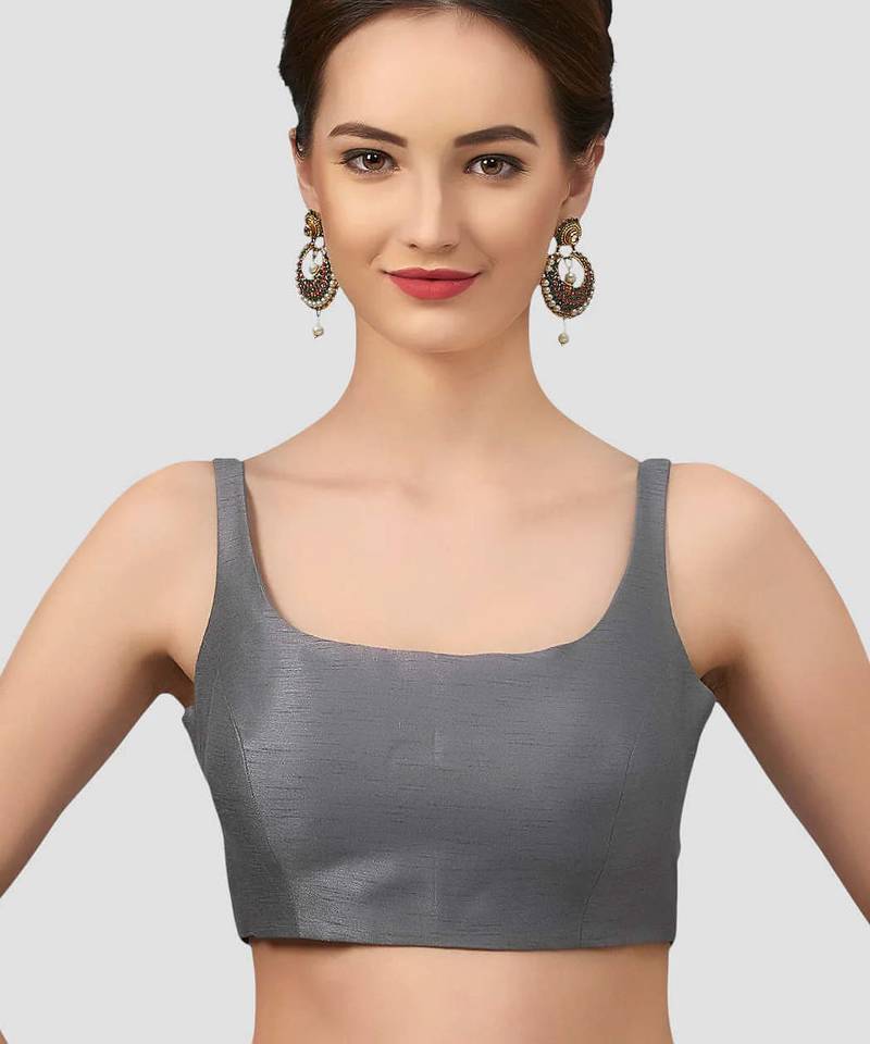 Grey plain silk spaghetti padded readymade saree blouse