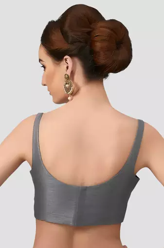 Grey plain silk spaghetti padded readymade saree blouse