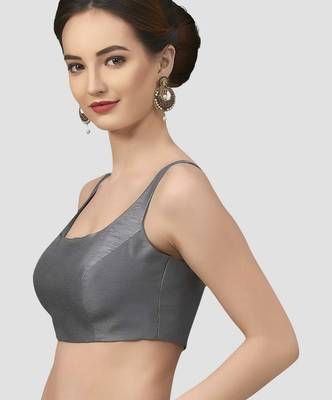 Grey plain silk spaghetti padded readymade saree blouse 3