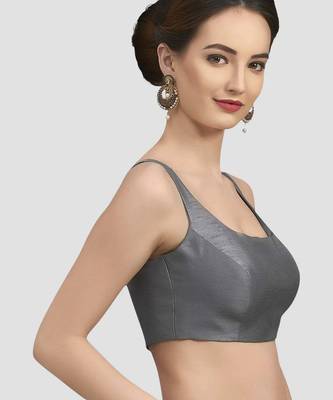 Grey plain silk spaghetti padded readymade saree blouse 4