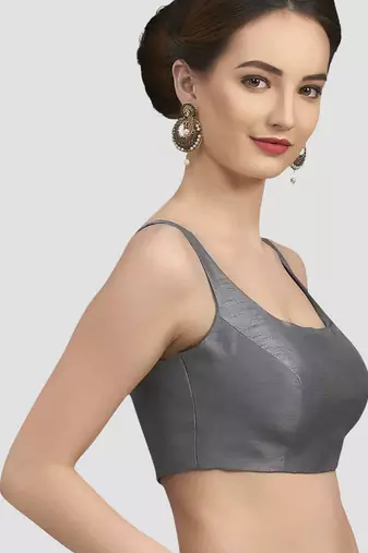 Grey plain silk spaghetti padded readymade saree blouse