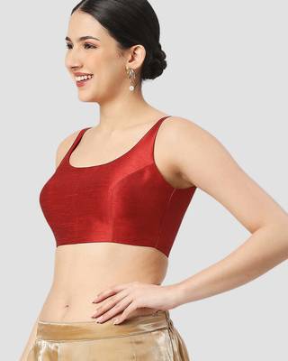 Maroon plain silk spaghetti padded readymade saree blouse 4