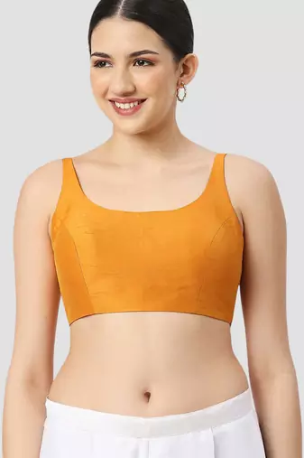 Mustard plain silk spaghetti padded readymade saree blouse
