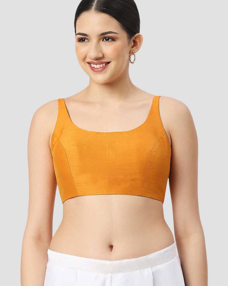 Mustard plain silk spaghetti padded readymade saree blouse