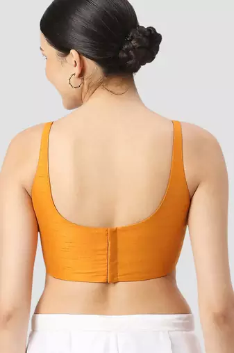 Mustard plain silk spaghetti padded readymade saree blouse