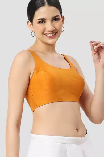 Mustard plain silk spaghetti padded readymade saree blouse