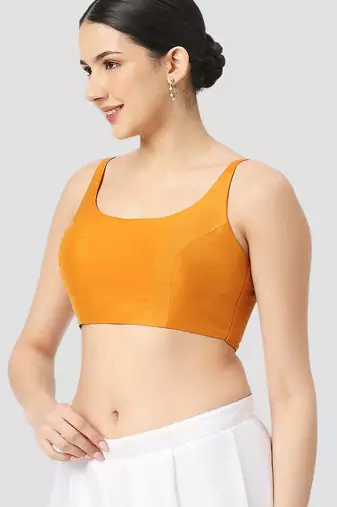 Mustard plain silk spaghetti padded readymade saree blouse