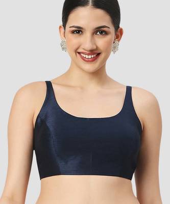Navy blue plain silk spaghetti padded readymade saree blouse 1