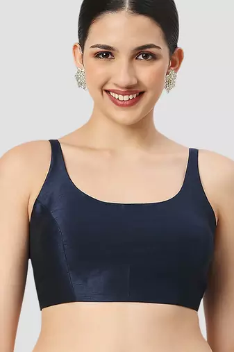 Navy blue plain silk spaghetti padded readymade saree blouse
