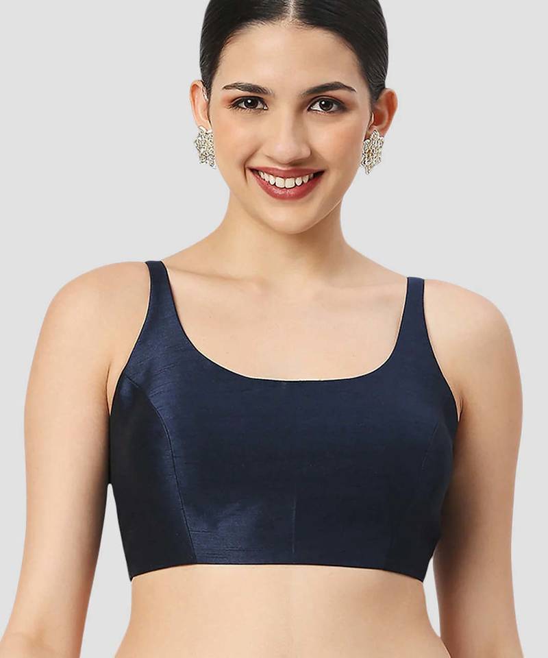 Navy blue plain silk spaghetti padded readymade saree blouse