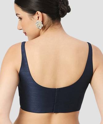 Navy blue plain silk spaghetti padded readymade saree blouse 2