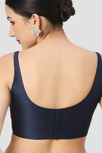 Navy blue plain silk spaghetti padded readymade saree blouse