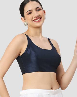 Navy blue plain silk spaghetti padded readymade saree blouse 3