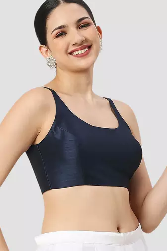 Navy blue plain silk spaghetti padded readymade saree blouse