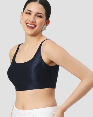 Navy blue plain silk spaghetti padded readymade saree blouse 4