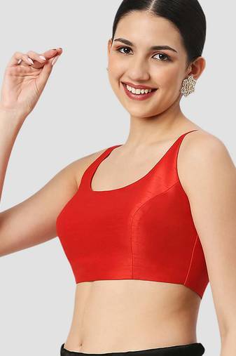 Red plain silk spaghetti padded readymade saree blouse