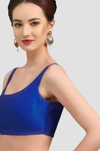 Royal blue plain silk spaghetti padded readymade saree blouse