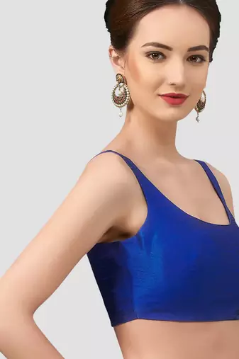 Royal blue plain silk spaghetti padded readymade saree blouse