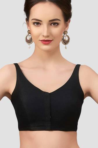 Black v neck plain silk spaghetti padded readymade saree blouse