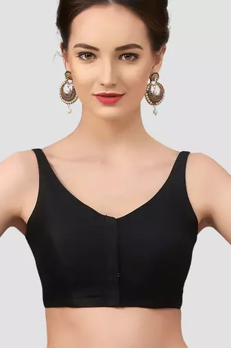 Black v neck plain silk spaghetti padded readymade saree blouse