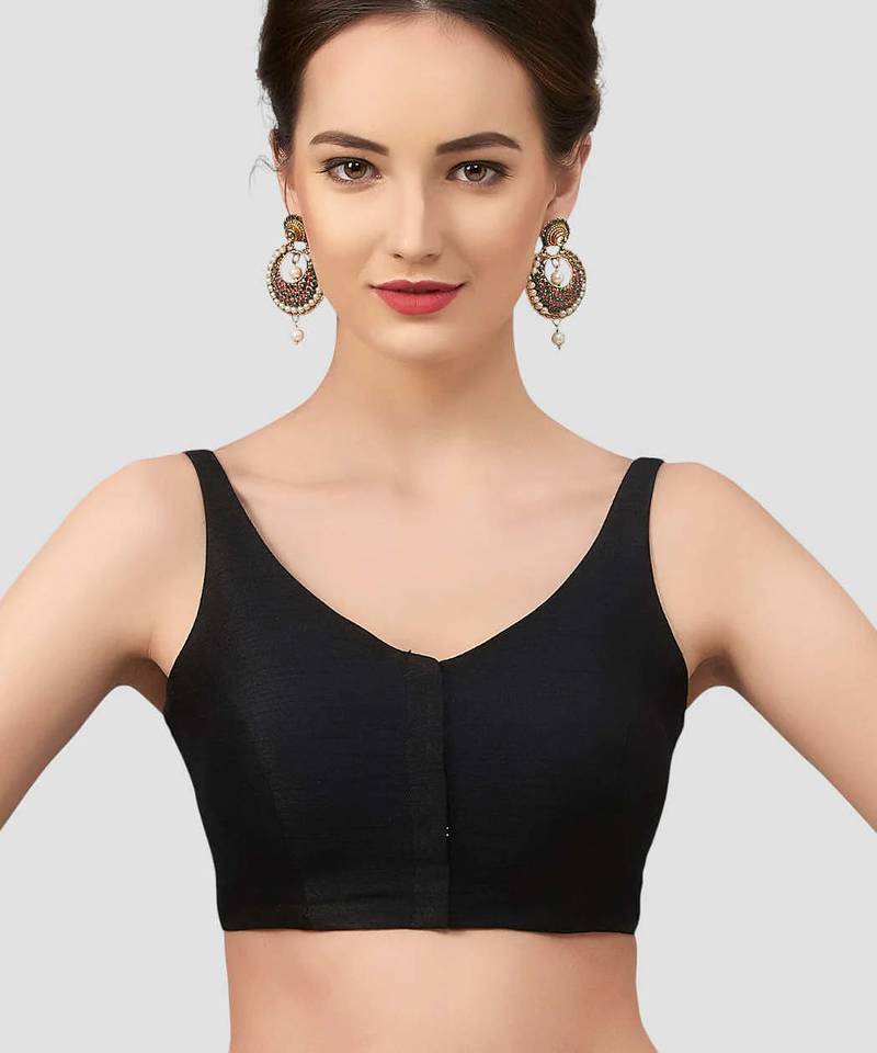 Black v neck plain silk spaghetti padded readymade saree blouse