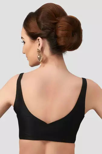 Black v neck plain silk spaghetti padded readymade saree blouse