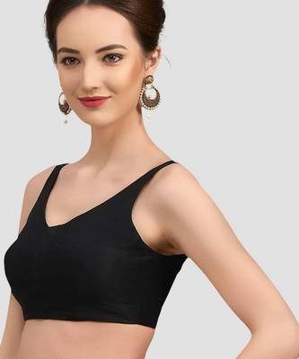 Black v neck plain silk spaghetti padded readymade saree blouse 3