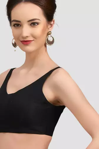 Black v neck plain silk spaghetti padded readymade saree blouse
