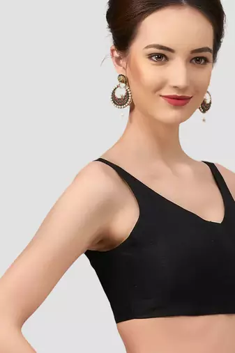 Black v neck plain silk spaghetti padded readymade saree blouse