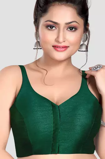 Dark green v neck plain silk spaghetti padded readymade saree blouse