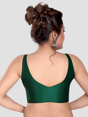 Dark green v neck plain silk spaghetti padded readymade saree blouse 2