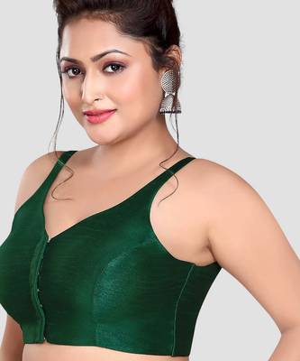 Dark green v neck plain silk spaghetti padded readymade saree blouse 3