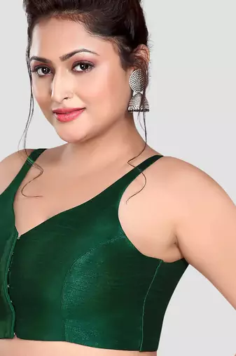 Dark green v neck plain silk spaghetti padded readymade saree blouse