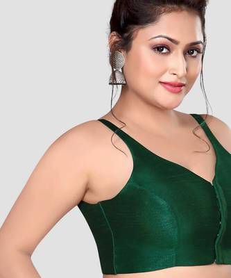 Dark green v neck plain silk spaghetti padded readymade saree blouse 4
